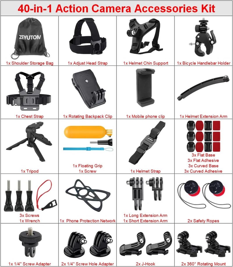 ZEYUTOM 40-in-1 Action Camera Accessories Kit for Gopro Hero 13 12 11 10 9 8 7 6 5 4 3, Chest Strap for DJI OSMO Action 5 PRO 4 3 2, Accessory Set for insta360 X4 X3, for AKASO/SJCAM, With mobile phone holder - Image 2